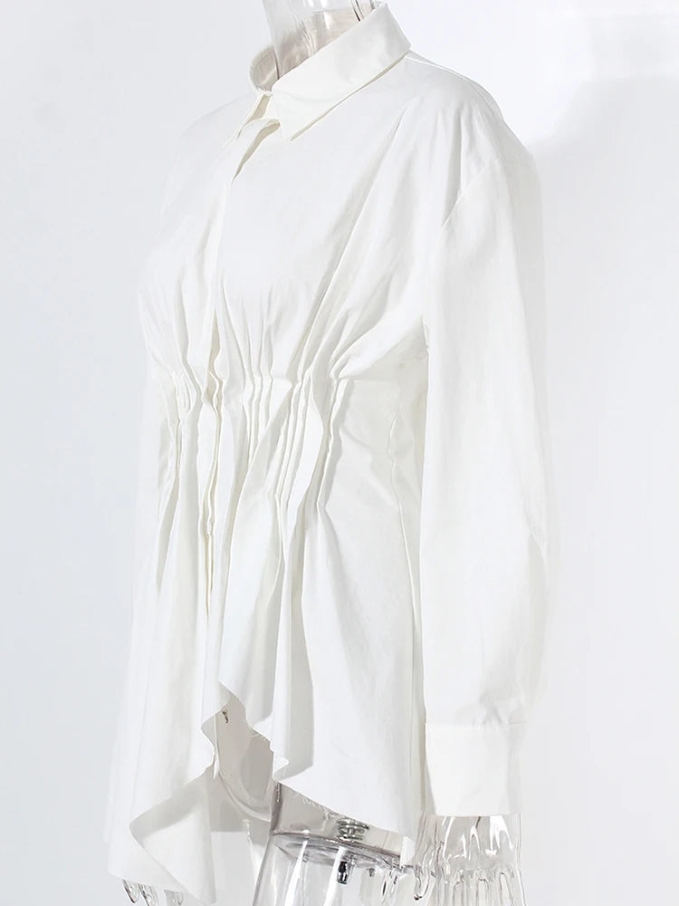 Women White Irregular Hem Pleated Elegant Blouse New Lapel Long Sleeve Shirt Fashion Tide Spring Autumn 2025 7AB3817