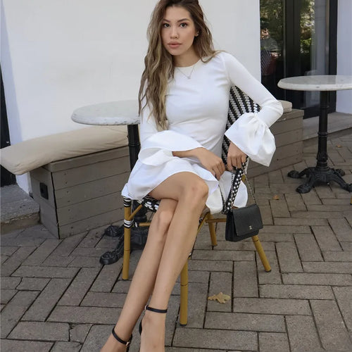 Load image into Gallery viewer, Long Flare Sleeve Knitted Sexy Mini Dress For Women Autumn Winter New Patchwork O Neck A-line Knit Puffy Dress Elegant
