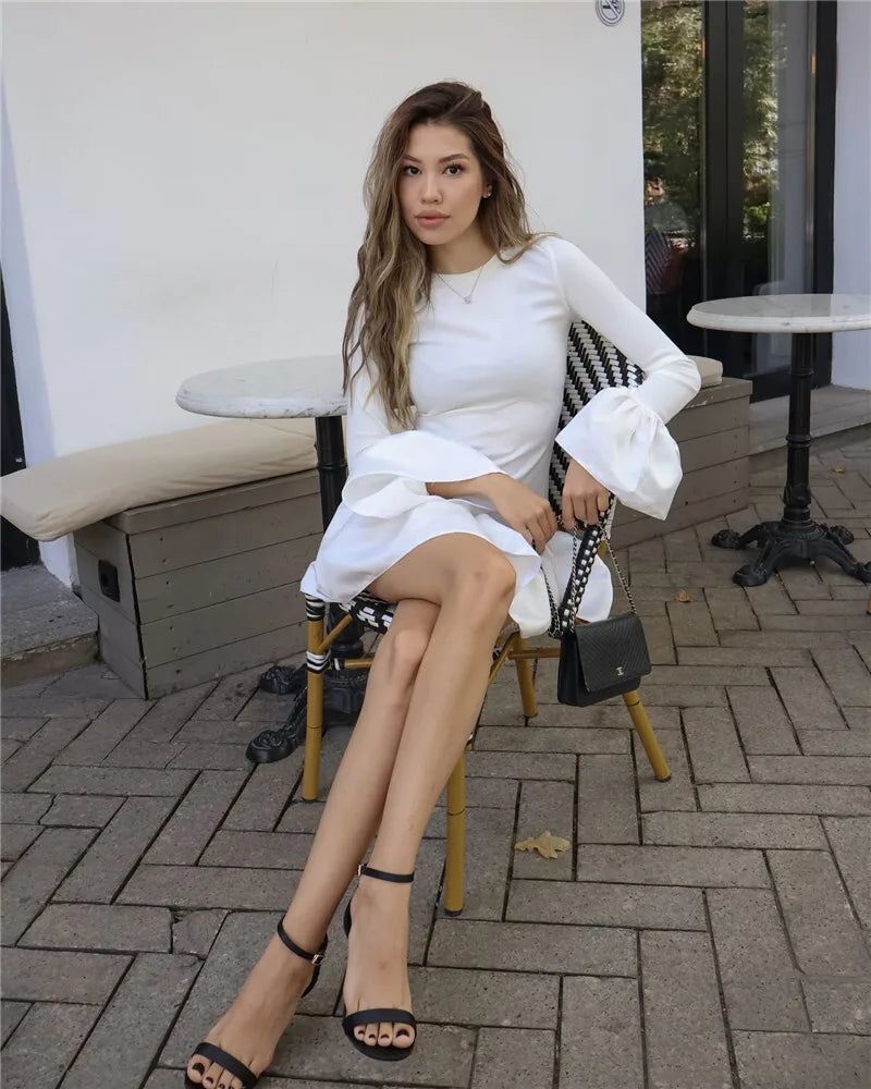 Long Flare Sleeve Knitted Sexy Mini Dress For Women Autumn Winter New Patchwork O Neck A-line Knit Puffy Dress Elegant