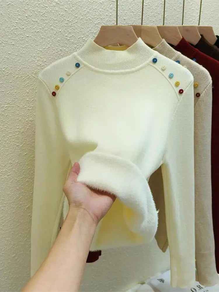 Autumn Winter Women Solid Colorful Button Velvet Sweater Korean Fashion Warm Knitwear Long Sleeve Festival Pullovers Tops Thick