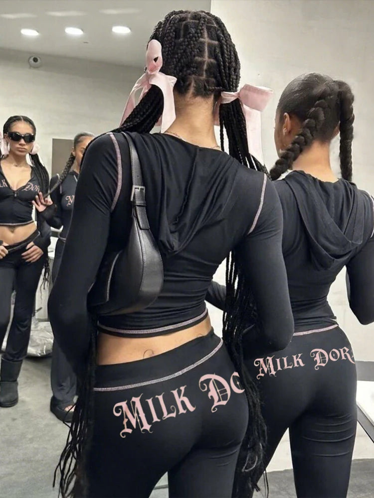 Casual Letter Print Women 2 Piece Set Tracksuit Sporty Full Sleeve Crop Jacket+Pants Matching Streetwear Skinny Outfits