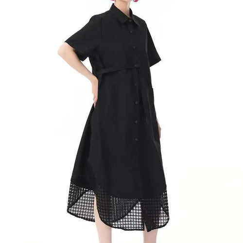 Load image into Gallery viewer, Women Blue Mesh Color-block Big Size Midi Shirt Dress New Lapel Short Sleeve Fashion Tide Spring Summer 2025 1DJ0932

