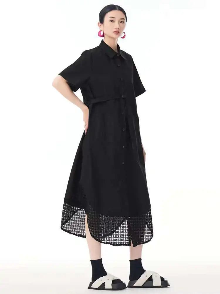 Women Blue Mesh Color-block Big Size Midi Shirt Dress New Lapel Short Sleeve Fashion Tide Spring Summer 2025 1DJ0932