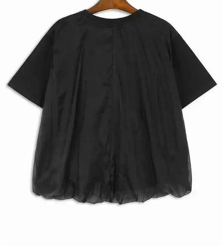 Women Apricot Double Layers Mesh Big Size Casual T-shirt New Round Neck Short Sleeve Fashion Spring Summer 2025 1DH6306