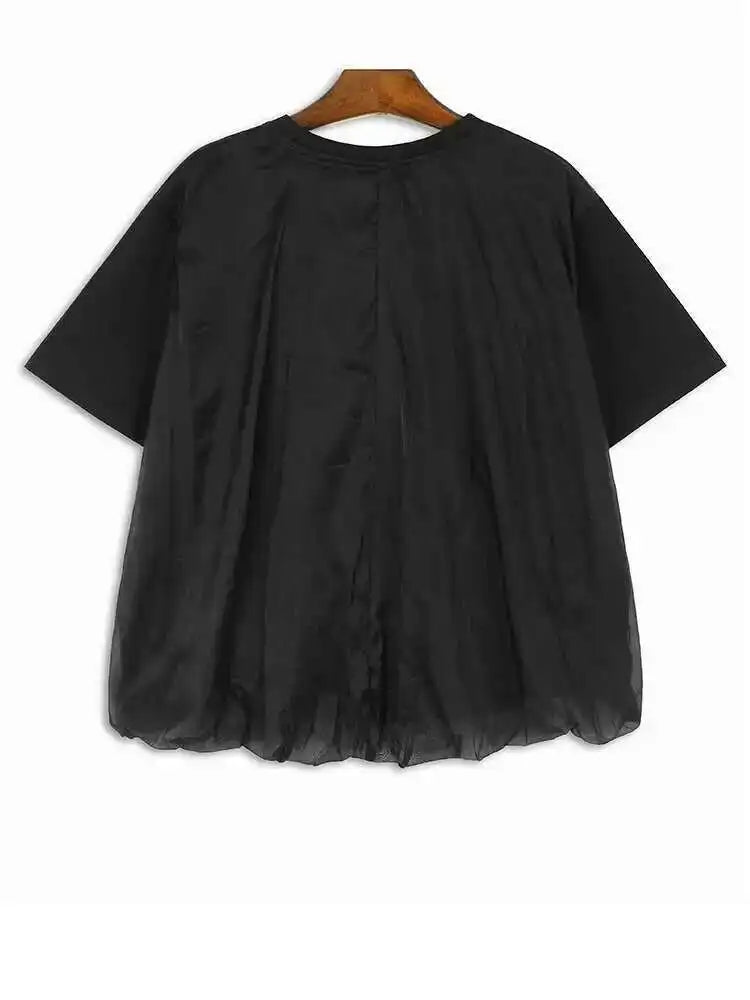 Women Apricot Double Layers Mesh Big Size Casual T-shirt New Round Neck Short Sleeve Fashion Spring Summer 2025 1DH6306