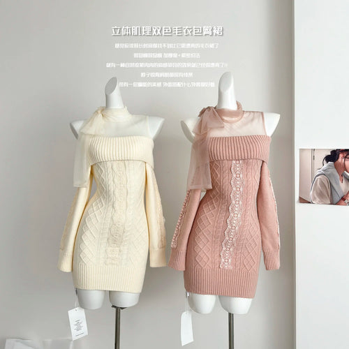 Load image into Gallery viewer, Autumn Winter Korean Pink Off Shoulder Slim Long Sleeve Bow Bandage Short Dress Women Beige Patchwork Lace Wrap Hip Knit Dresses
