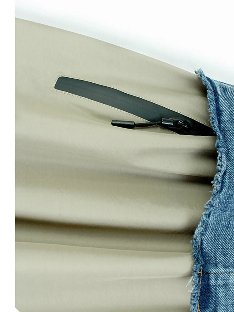 High Elastic Waist Apricot Denim Color-block A-line Half-body Skirt Women Fashion Tide New Spring Autumn 2025 1DF8673