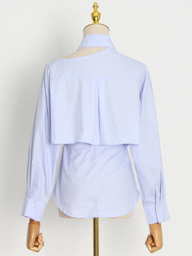 White Cut Out Shirt For Women Lapel Long Sleeve Solid Minimalist Button Through Blouse Female Fashion Clothing
