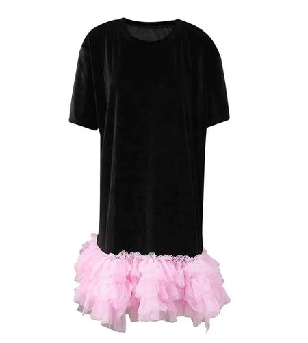 Women Green Mesh Ruffles Hem Big Size Knee-Length Dress New Round Neck Short Sleeve Fashion Spring Summer 2025 CPG2904