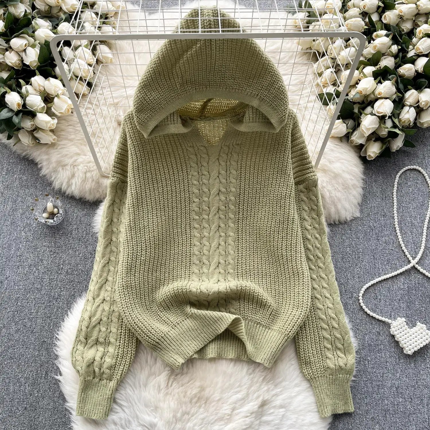 Korean Women Black Twists Hooded Knitted Sweater Fashion Blue Loose Long Sleeve Lady Green Pullovers Tops Casual Autumn Winter