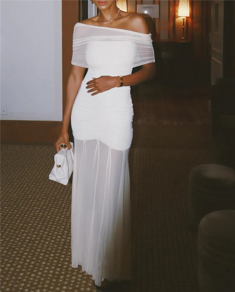 Off-shoulder Backless Sexy Maxi Dress For Women Gown Fashion Mesh Strapless Sleeveless Bodycon Long Dress Elegant