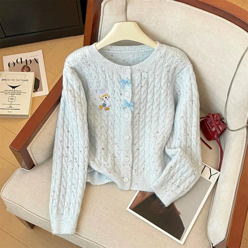 Load image into Gallery viewer, French Solid Embroidery Bow Single Breasted Short Cardigans Sweater Women Autumn Winter O-neck Long Sleeve Knitwear Tops Popular
