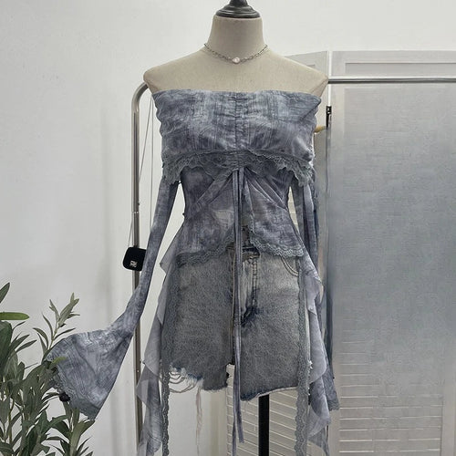 Load image into Gallery viewer, Slash Neck Tie-dye Harajuku T-shirts Streetwear Lace Patchwork Slim Fit Grunge Tops Women Y2k Aesthetic Vintage Drawstring Tees
