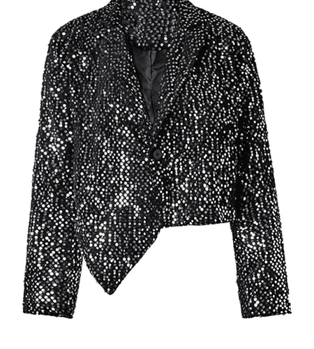 Women Black Irregular Hem Sequins Big Size Blazer New Lapel Long Sleeve Jacket Fashion Tide Spring Autumn 2025 CPG2606