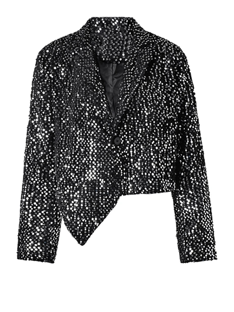 Women Black Irregular Hem Sequins Big Size Blazer New Lapel Long Sleeve Jacket Fashion Tide Spring Autumn 2025 CPG2606