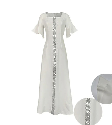 Summer Muslim Dresses for Woman Elegant Short Sleeves Shiny Flared Sleeves Dubai Abaya Saudi Arabia Maxi Dress