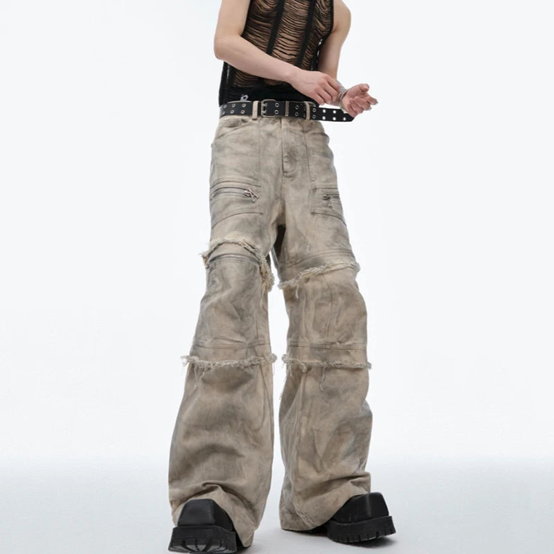 Men's Wear High Street Denim Pants Dirty Dyeing Damaging Ragged Edge Personality Detachable Fashion Tide Summer 24Y152