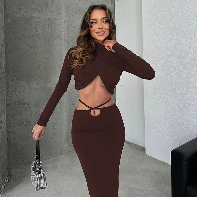 Sexy Skirt Two Pieces Sets For Women Long Sleeve Lace-up Crop Top And Long Skirt Elegant Bodycon Sexy Two Pieces Sets