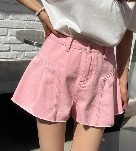 Fashion Summer Women Pink Elegant High Waist Button Wigh Leg Jeans Casual Female Loose Blue Versatile A-line Denim Shorts French