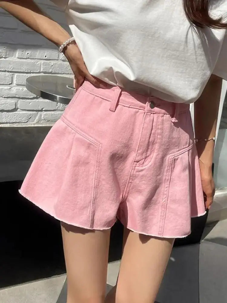 Fashion Summer Women Pink Elegant High Waist Button Wigh Leg Jeans Casual Female Loose Blue Versatile A-line Denim Shorts French