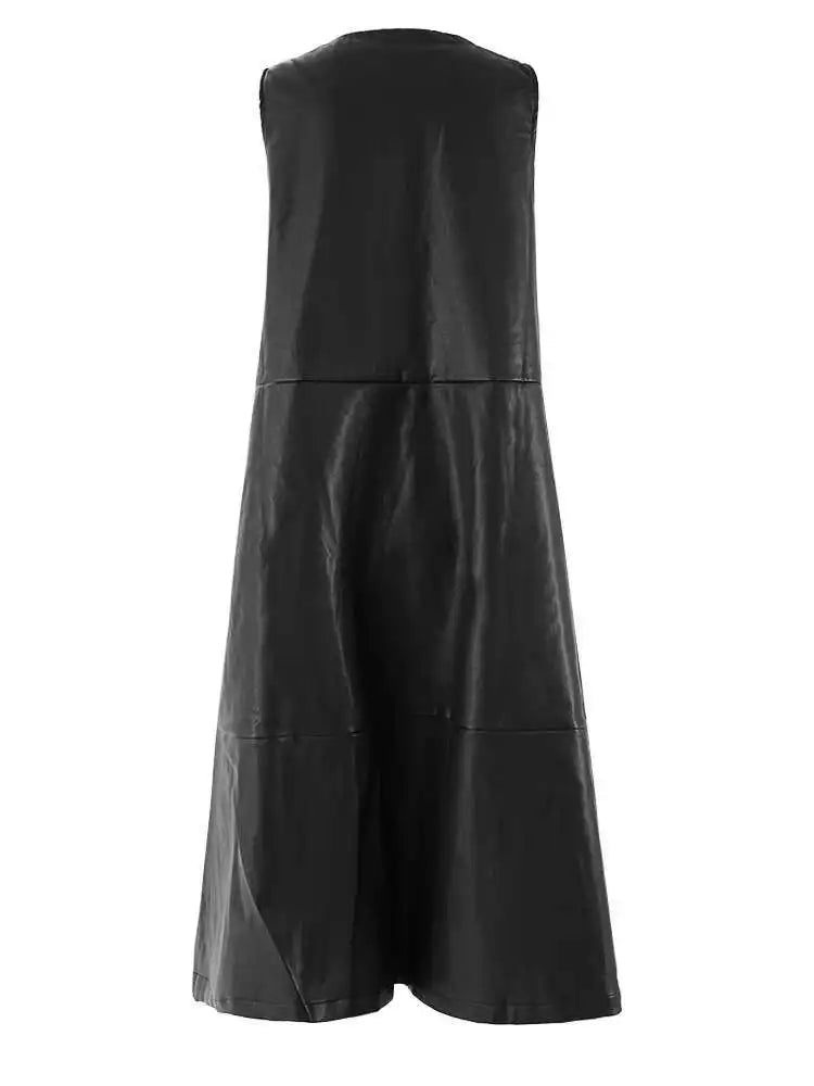 Women Black  Pu Leather Pockets Big Size Long Vest Dress New V-Neck Sleeveless Fashion Tide Spring Autumn 2025 CPG2085