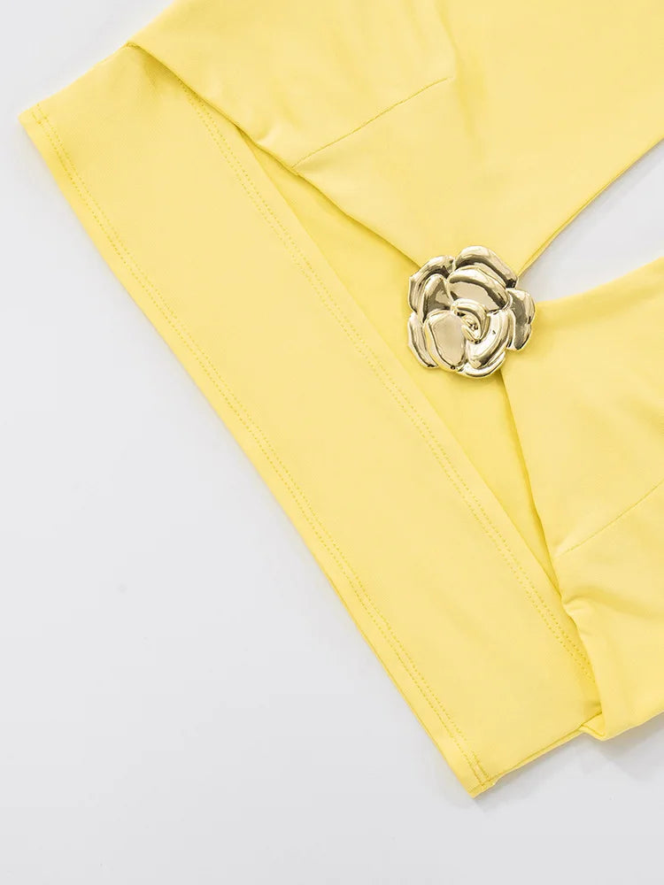 Yellow Sexy Skirt Two Piece Sets Women Halter Lace-up Crop Tops And Maxi Skirt Female Elegant Club 2 Piece Sets Dress