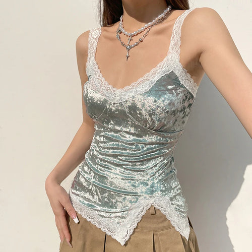 Load image into Gallery viewer, Vintage Fashion Y2K Velour Camisole Tops Slim Clubwear Party Lace Patched Split Sexy Top for Women Sleeveless Outfits
