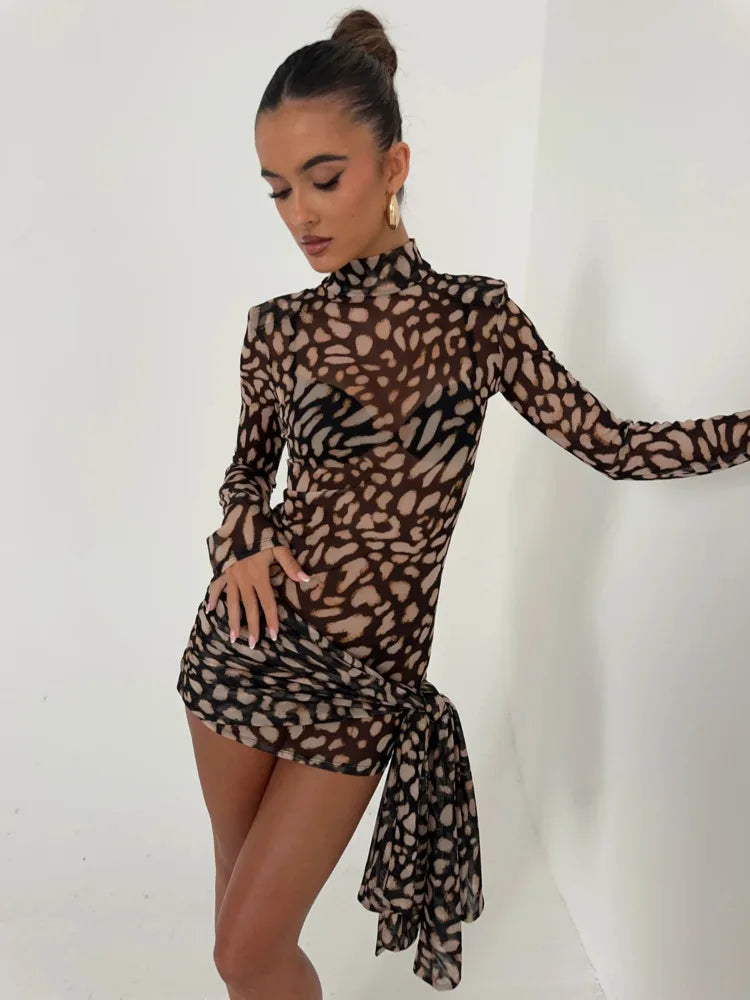 Fashion Leopard Print Long Sleeved Elastic Tight Skirt Women Sexy Mini Dress Temperament Party Club Evening Dress 2025