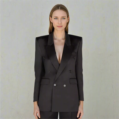 Load image into Gallery viewer, Elegant Patchwork Button Solid Blazers For Women Notched Collar Long Sleeve Spliced Pockets Minimalist Slimming Coat Female
