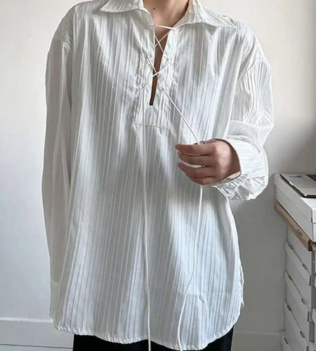 Women White Big Size Bandage Blouse New Round Neck Long Sleeve Loose Fit Shirt Fashion Tide Spring Autumn 2025 1DH1737