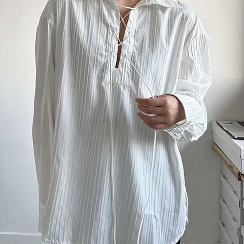 Load image into Gallery viewer, Women White Big Size Bandage Blouse New Round Neck Long Sleeve Loose Fit Shirt Fashion Tide Spring Autumn 2025 1DH1737
