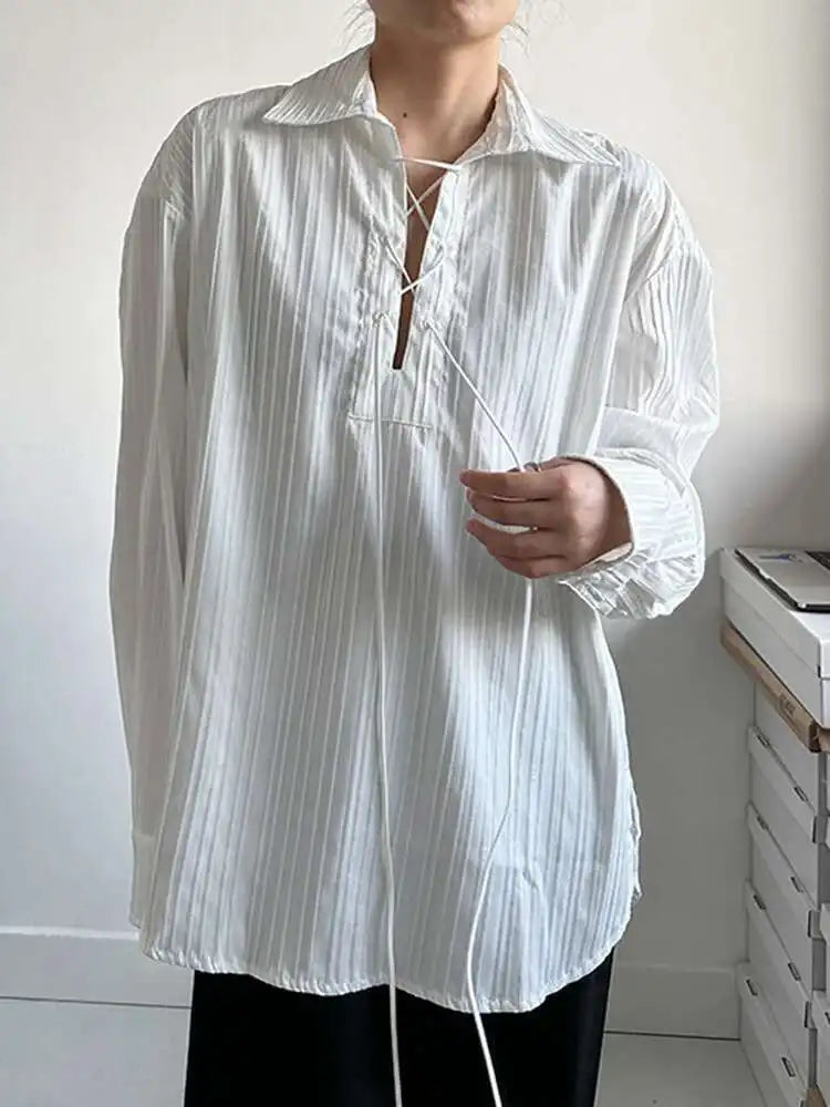 Women White Big Size Bandage Blouse New Round Neck Long Sleeve Loose Fit Shirt Fashion Tide Spring Autumn 2025 1DH1737