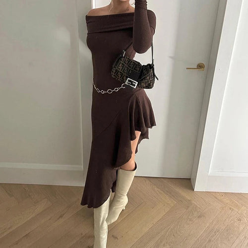 Load image into Gallery viewer, Asymmetrical Elegant Brown Midi Dress Female Ruffles Slash Neck Bodycon Autumn Dress Fashion Party Solid Long Sleeve
