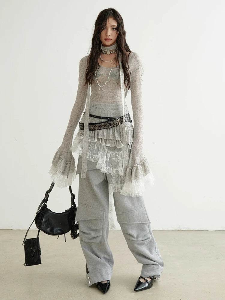 High Elastic Waist Gray Drawstring Pocket Pleated Wide Leg Pants New Trousers Women Fashion Spring Autumn 2025 1DH9337