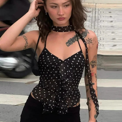 Load image into Gallery viewer, Polka Dot Printed Mesh Transparent Sexy Crop Tops Women 2024 Summer French Style Draped V Neck Tanks &amp; Camis P95-CD12
