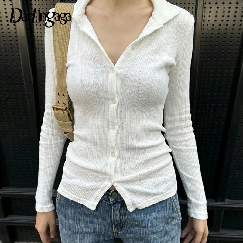 Casual Elegant Jacquard Single Breasted White Shirt Y2K Skinny Spring Autumn Knitwear Gentle Mature All Match Blouses