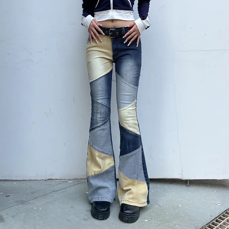 Harajuku Patchwork Skinny Low Rise Jeans Women Distressed Y2K Street Style Denim Trousers Slim Contrast Color Outfits