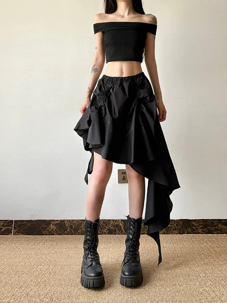 High Elastic Waist Black Irregular Design Ruffles Mini Half-body Skirt Women Fashion Tide New Spring Autumn 2025 1DJ0530