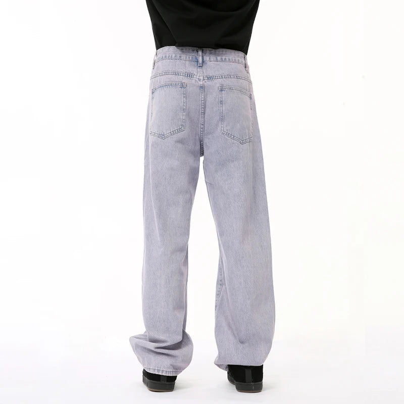 Male Light Purple Denim Pants American High Street Straight Wide Leg Loose Wash Men's Jeans Summer Chic Now 9C6690