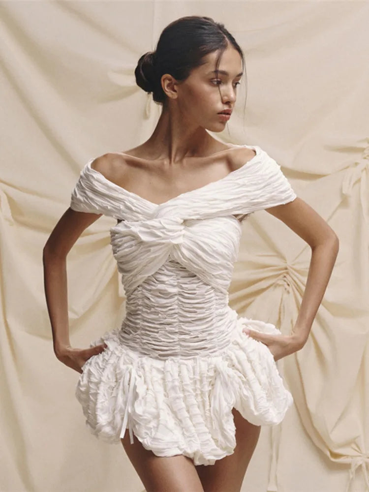 Sexy Off-shoulder Sleeveless Pleated A-line Mini Dress For Women Patchwork Slim Fit Summer Robe High Waist Party Dress