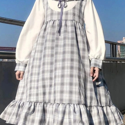 Load image into Gallery viewer, Japanese Sweet Kawaii Lolita Dress Women Preppy Style Ruffles Plaid Cute Dresses School Student Spring Robes Female

