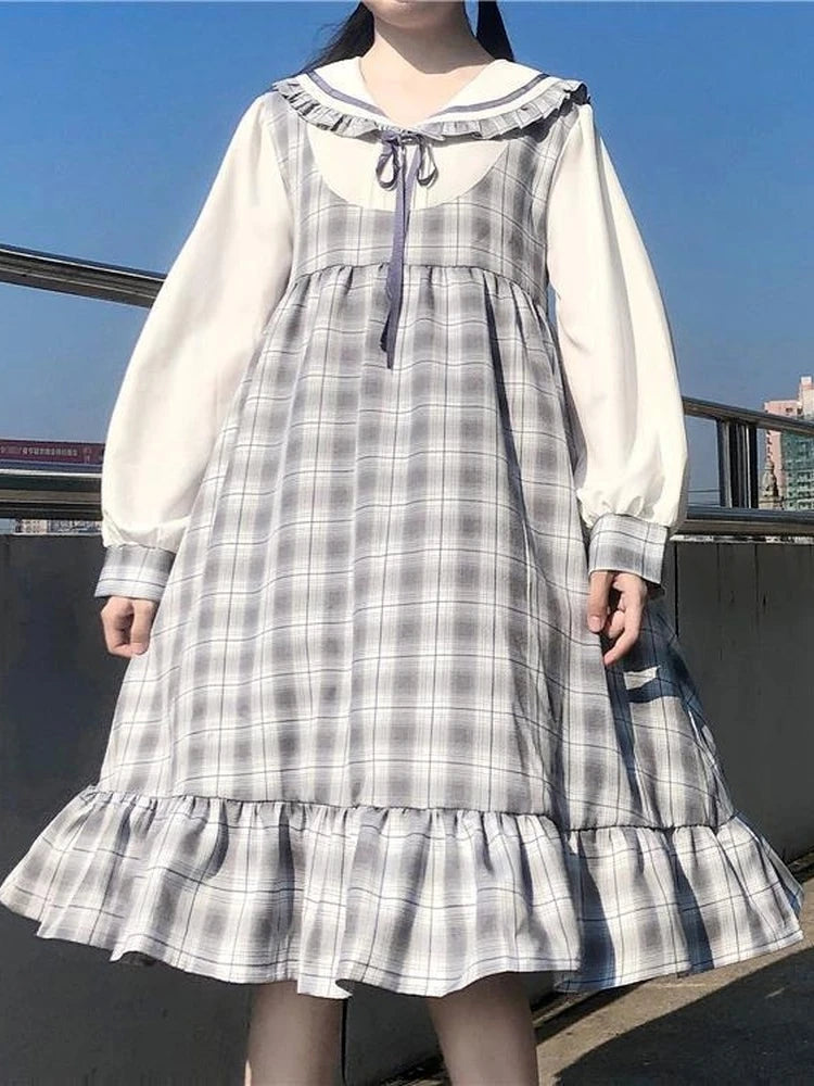 Japanese Sweet Kawaii Lolita Dress Women Preppy Style Ruffles Plaid Cute Dresses School Student Spring Robes Female