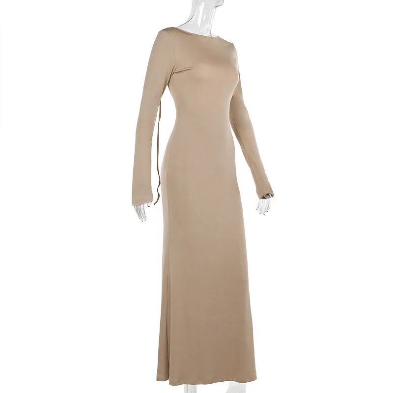 Sexy Long Sleeve Backless Bodycon Maxi Dress Women Slim High Waist Elegant O-neck Holiday Dress Ladies Outfits Autumn
