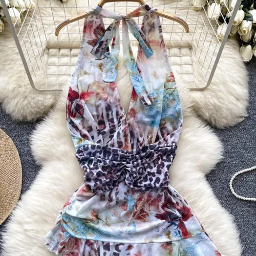 Load image into Gallery viewer, French Retro Summer Print Elegant Sexy Club V-neck Halter Lace-up Tops Women Backless Fashion Irregular Pleated Vest Clothes New
