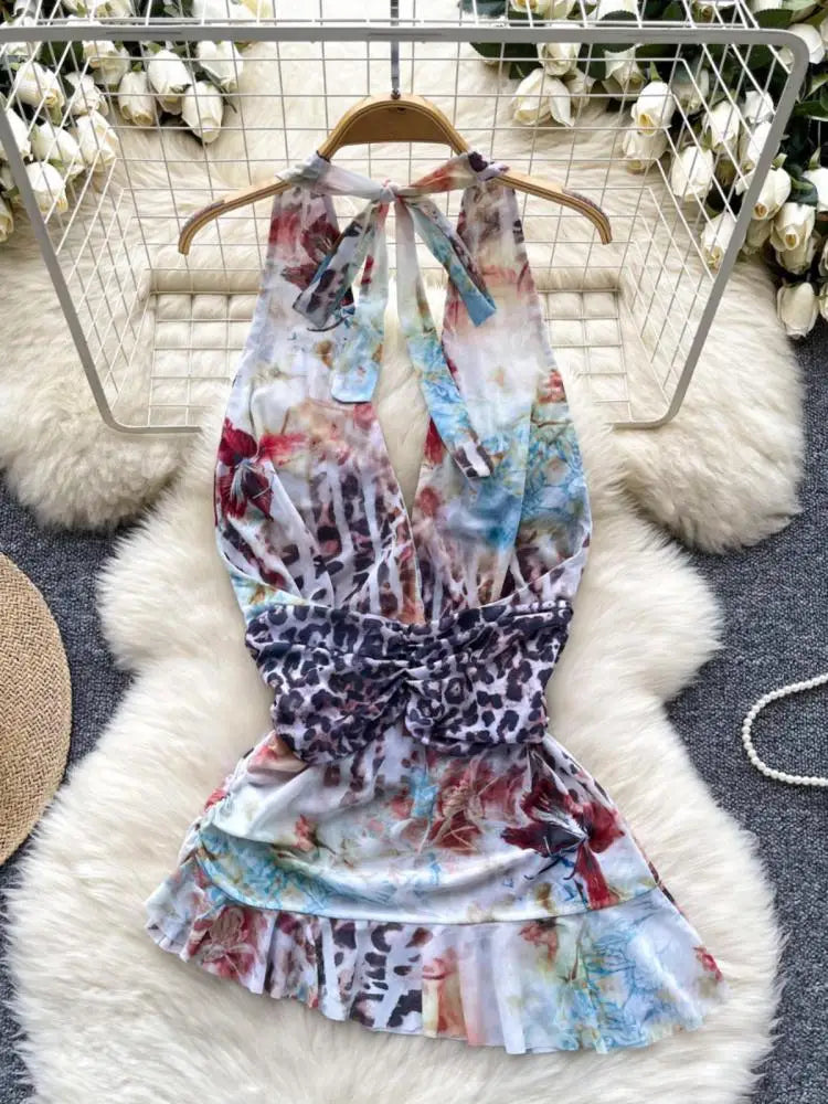 French Retro Summer Print Elegant Sexy Club V-neck Halter Lace-up Tops Women Backless Fashion Irregular Pleated Vest Clothes New