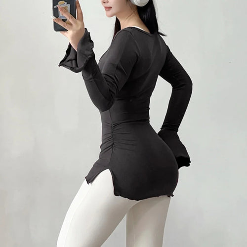 Load image into Gallery viewer, y2k Tops for Women Aesthetic Clothing Solid Color Round Neck Flared Long Sleeve T Shirts 2000s Clothes Streetwear
