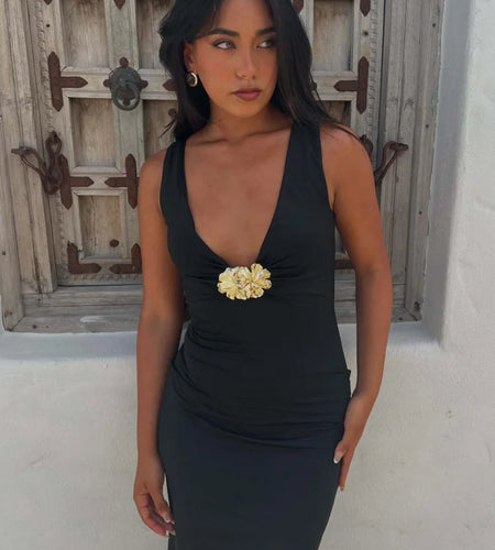 Elegant Sleeveless Metal Flower Bodycon Party Club Evening Dress Women Sexy Deep V Maxi Dress Female Slim Vestido 2025