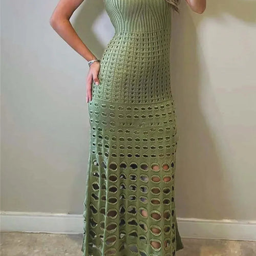 Load image into Gallery viewer, Strapless Off-shoulder Hollow Out Knit Maxi Dress For Women Gown Fashion Sleeveless Backless Beach Skinny Long Dress
