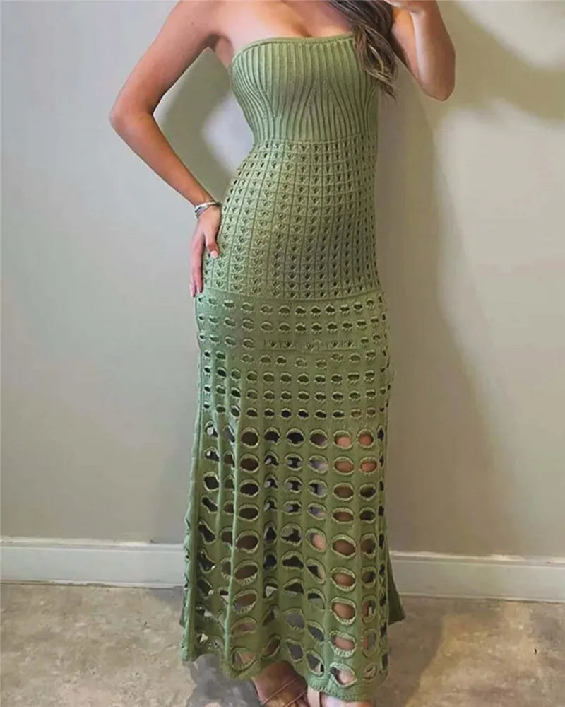 Strapless Off-shoulder Hollow Out Knit Maxi Dress For Women Gown Fashion Sleeveless Backless Beach Skinny Long Dress