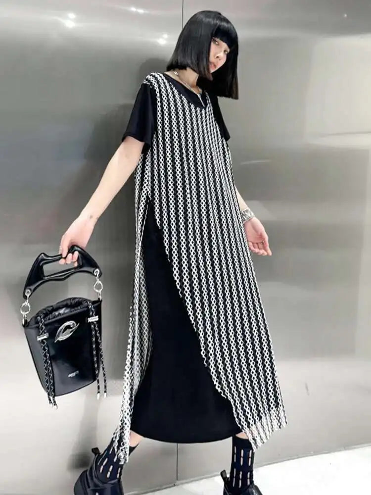 Women Black Irregular Mesh Big Size Casual Midi Dress New Round Neck Short Sleeve Fashion Tide Spring Summer 2025 1DH5415